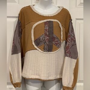 POL Patchwork Peace Sign Sweatshirt in Ivory and Brown